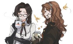 Rule 34 | 2girls, black coat, black gloves, braces, brown gloves, brown hair, coat, coffee cup, commentary, cup, disposable cup, dress, elbow gloves, english commentary, fairy, glasses, gloves, hair behind ear, holding, holding cup, holding jar, jar, long hair, multiple girls, parted lips, rekka, reverse:1999, semi-rimless eyewear, simple background, smile, sparkle, steam, tooth fairy (reverse:1999), under-rim eyewear, upper body, white background, white dress, z (reverse:1999)