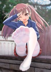 Rule 34 | 1girl, arm up, bear hair ornament, blush, brown eyes, brown hair, feet, female focus, foot focus, full body, hair ornament, highres, jacket, leg up, long hair, long sleeves, looking at viewer, one eye closed, open mouth, outdoors, pantyhose, photo background, pleated skirt, red skirt, salute, sitting, skirt, soles, solo, thighs, toes, track jacket, tree, twintails, white pantyhose