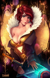 Rule 34 | 1girl, bare shoulders, blue eyes, breasts, cleavage, eyebrows, facing viewer, feather collar, head tilt, high collar, holding, holding weapon, jacket, lips, looking at viewer, medium breasts, no bra, off shoulder, red (transistor), red hair, solo, the transistor, transistor (game), tsuaii, weapon