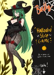 Rule 34 | 1girl, breasts, flower, green eyes, green hair, halloween, hat, high heels, highres, large breasts, long hair, mature female, omiza somi, original, rose, strip game, thighhighs, witch, witch hat