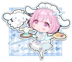 Rule 34 | 1girl, :o, animal, animal ears, black outline, blue dress, blue outline, blush stickers, cake, character name, chibi, cinnamoroll, cup, dog, dog ears, dog tail, dress, food, fruit, heart, holding, holding plate, maid, maid headdress, ootori emu, open mouth, outline, pink eyes, pink hair, plate, project sekai, sanrio, solo, strawberry, tail, toro ro oekaki, white outline