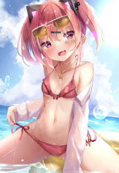 Rule 34 | 1girl, :d, arm support, bandaid, bandaid on cheek, bandaid on face, bare shoulders, bikini, blue sky, blush, breasts, brown-tinted eyewear, cloud, cloudy sky, collarbone, commentary request, day, eyewear on head, fang, hair between eyes, hair ornament, hairclip, halterneck, head tilt, headgear, highres, horizon, long sleeves, looking at viewer, natuna natu, navel, ocean, off shoulder, open clothes, open mouth, open shirt, original, outdoors, purple eyes, red bikini, red hair, revision, shirt, short twintails, side-tie bikini bottom, sky, small breasts, smile, solo, string bikini, sunglasses, swimsuit, tinted eyewear, twintails, water, white shirt