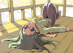 Rule 34 | 1girl, breasts, glasses, green hair, kubocha, long hair, lying, on back, open mouth, scarf, smile, solo