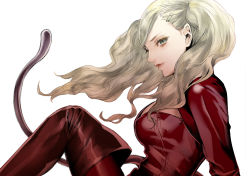 Rule 34 | 10s, 1girl, blonde hair, blue eyes, boots, breasts, cat tail, costume, from side, hair ornament, hairclip, kiyohara hiro, latex, long hair, looking at viewer, persona, persona 5, sideways glance, smile, solo, solo focus, tail, takamaki anne, thighhighs, twintails, zipper