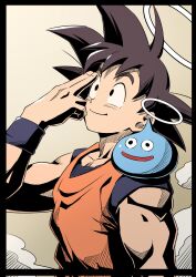 Rule 34 | 1boy, black hair, creature, creature on shoulder, dougi, dragon ball, dragonball z, halo, highres, kumolin33, looking up, male focus, on shoulder, salute, slime (dragon quest), smile, son goku, spiked hair, thick eyebrows, toned, toned male, toriyama akira (character), two-finger salute, upper body