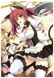 Rule 34 | 2girls, absurdres, animal ears, apron, blonde hair, bow, cafe, cameltoe, cat ears, cat girl, cat tail, cuffs, garter straps, hair bow, highres, leg up, looking back, maid headdress, multiple girls, original, panties, pantyshot, parfait, ponytail, puffy short sleeves, puffy sleeves, red hair, ribbon, ribbon-trimmed collar, ribbon-trimmed legwear, ribbon-trimmed sleeves, ribbon trim, short sleeves, standing, striped clothes, striped panties, suspenders, tail, thighhighs, tray, underwear, upskirt, waitress, yuuki hagure