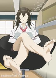 Rule 34 | 1girl, badbadfish, barefoot, black hair, character request, english text, closed eyes, feet, foot focus, highres, crossed legs, long hair, sitting, soles, solo, toes