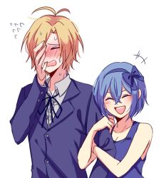 Rule 34 | 1boy, 1girl, ahoge, arm hug, bare shoulders, biyo, blonde hair, blue bow, blue hairband, blue ribbon, blue shirt, blue suit, blush, bow, buttons, claire elford, closed eyes, collared shirt, flying sweatdrops, formal, hair between eyes, hair bow, hair intakes, hairband, hand on own face, nervous, noel levine, open mouth, ribbon, shirt, short hair, simple background, sleeveless, sleeveless shirt, smile, suit, sweat, sweatdrop, tall male, teeth, upper teeth only, white background, white shirt, witch&#039;s heart