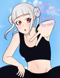 Rule 34 | 1girl, :o, arashi chisato, artist name, artist request, bare shoulders, black pants, black shirt, black tank top, blue sky, blush, breasts, cloud, collarbone, day, double bun, female focus, floating hair, hair bun, hair tie, highres, long hair, looking at viewer, love live!, love live! superstar!!, outdoors, pants, parted lips, red eyes, shirt, sitting, sky, small breasts, smile, solo, sports bra, sweatpants, tank top, v, wavy hair, white hair