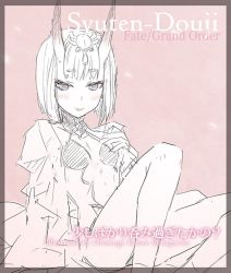 Rule 34 | 1girl, arm support, artist name, blush, bob cut, border, breasts, character name, cup, eyebrows, fate/grand order, fate (series), holding, horns, japanese clothes, kimono, konoe ototsugu, looking at viewer, monochrome, navel, oni, purple eyes, sakazuki, short hair, shuten douji (fate), sitting, sketch, skin-covered horns, small breasts, smile, solo, spot color, text focus, tongue, tongue out, twitter username, watermark
