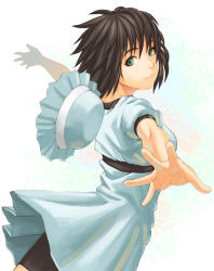 Rule 34 | 1girl, black hair, dress, face, female focus, foreshortening, gradient background, hat, unworn hat, unworn headwear, light smile, looking back, outstretched arms, outstretched hand, shiina mayuri, short hair, solo, spread arms, steins;gate, white background, yukihiro