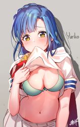 Rule 34 | 1girl, aqua bra, blue hair, blurry, blush, bra, braid, breasts, cape, character name, cleavage, clothes in mouth, clothes lift, depth of field, front-tie bra, grey background, hand up, head tilt, idol heroes (idolmaster), idolmaster, idolmaster million live!, kuri choko, leaning forward, lifting own clothes, long hair, looking at viewer, medium breasts, miniskirt, mouth hold, nanao yuriko, navel, parted bangs, pleated skirt, shadow, shirt, shirt in mouth, shirt lift, short sleeves, sidelocks, signature, skirt, solo, stomach, sweat, underwear, white cape, white shirt, white skirt, yellow eyes