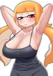 Rule 34 | 1girl, absurdres, armpits, arms behind head, bare shoulders, black pants, blunt bangs, blush, breasts, cleavage, collarbone, female focus, half-closed eyes, highres, inkling, inkling girl, inkling player character, large breasts, nintendo, open mouth, orange hair, pants, pero (pero7762), pointy ears, red eyes, simple background, solo, splatoon (series), standing, suction cups, tank top, tentacle hair, white background