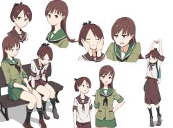 Rule 34 | 2girls, adapted costume, bad id, bad twitter id, black socks, brown eyes, brown hair, brown sailor collar, brown skirt, full body, green sailor collar, green serafuku, green skirt, hair ribbon, hand on own hip, hands on another&#039;s face, highres, kantai collection, kneehighs, long hair, long skirt, looking at viewer, mikiki, multiple girls, multiple views, neckerchief, ooi (kancolle), pleated skirt, ponytail, ribbon, sailor collar, school uniform, serafuku, shikinami (kancolle), short hair, short ponytail, simple background, sitting, skirt, socks, standing, stretching, white background