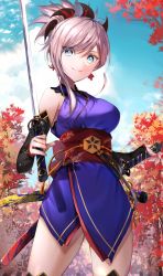 Rule 34 | 1girl, autumn, autumn leaves, blue eyes, breasts, detached sleeves, earrings, fate/grand order, fate (series), herigaru (fvgyvr000), highres, jewelry, katana, large breasts, miyamoto musashi (fate), miyamoto musashi (first ascension) (fate), pink hair, scabbard, sheath, smile, sword, thighhighs, weapon