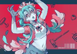 Rule 34 | 1girl, ahoge, aqua hair, aqua tongue, arms up, barcode, bare arms, breasts, broom, claw pose, colored skin, cowboy shot, crop top, cup, dated, earrings, floating hair, grey skin, hair between eyes, hair over shoulder, hatsune miku, head wreath, heart, heart-shaped pupils, highres, jewelry, kako (pixiv77158173), letterboxed, long hair, looking at viewer, medium breasts, midriff, multicolored hair, multicolored skin, navel, necklace, open mouth, outside border, pale skin, patchwork skin, petals, print shirt, raglan sleeves, red background, red eyes, red hair, ring, ring necklace, scar, scar on face, shide, shirt, short sleeves, small breasts, solo, stitched arm, stitched face, stitches, symbol-shaped pupils, t-shirt, table, television, twintails, two-tone hair, two-tone skin, very long hair, vocaloid, zombie, zombies (vocaloid)