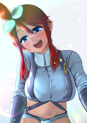 Rule 34 | 1girl, all fours, backlighting, belly, blue eyes, blue gloves, blue jacket, blue shorts, blush, breasts, creatures (company), cropped jacket, from below, game freak, gloves, hadairo rainbow, hair between eyes, hair ornament, harness, head tilt, highres, jacket, jet badge, large breasts, long sleeves, looking at viewer, midriff, navel, nintendo, one side up, open mouth, paid reward available, pokemon, pokemon bw, red hair, short hair with long locks, short shorts, shorts, sidelocks, skindentation, skyla (pokemon), smile, solo, stomach, sweat, zipper, zipper pull tab