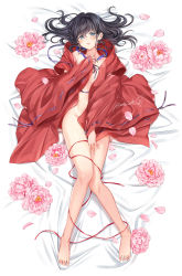 Rule 34 | 1girl, black hair, blue eyes, blush, borrowed clothes, covering privates, covering breasts, covering crotch, flower, full body, hair between eyes, highres, higurashi kagome, inuyasha, japanese clothes, jewelry, kimono, looking at viewer, lying, magatama, magatama necklace, motobi (mtb umk), necklace, no bra, no panties, nude, on back, on bed, petals, solo