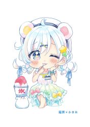 Rule 34 | 1girl, ahoge, animal ears, bare arms, bare shoulders, barefoot, bear ears, beret, blue eyes, blush, braid, character request, chibi, closed mouth, collarbone, cup, disposable cup, dress, food, full body, hair ornament, hairclip, hat, highres, holding, holding spoon, long hair, looking at viewer, low twintails, one eye closed, sakura oriko, shaved ice, simple background, sleeveless, sleeveless dress, smile, solo, spoon, standing, star (symbol), star hair ornament, takasaki-sen meguri, translation request, twin braids, twintails, white background, white dress, white hair, white hat, x hair ornament