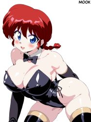Rule 34 | 1girl, absurdres, ass, bare shoulders, blue eyes, blush, braid, curvy, detached collar, donguri2, elbow gloves, genderswap, genderswap (mtf), gloves, highres, leotard, open mouth, ranma-chan, ranma 1/2, red hair, saotome ranma, shiny clothes, shiny skin, single braid, solo, thighhighs, thong leotard, wide hips