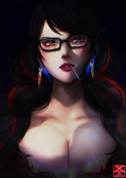 Rule 34 | 1girl, absurdres, bayonetta, bayonetta (series), bayonetta 3, black hair, braid, candy, earrings, food, glasses, highres, jewelry, lipstick, lollipop, long hair, looking at viewer, makeup, mole, mole under mouth, multicolored hair, nude, red hair, ribbon, simple background, solo, streaked hair, twin braids, xuuikie ashe
