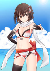 Rule 34 | 10s, 1girl, adapted costume, armpits, bikini, bikini skirt, breasts, brown eyes, brown hair, cloud, cowboy shot, day, elbow gloves, fingerless gloves, gloves, horizon, ica, kantai collection, light smile, medium breasts, navel, ocean, remodel (kantai collection), scarf, sendai (kancolle), single thighhigh, swimsuit, thighhighs, two side up