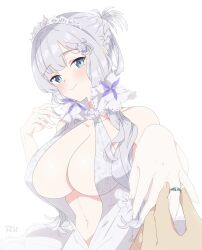 1girl 1other absurdres artist_name azur_lane blue_eyes breasts bridal_veil center_opening commentary dress english_commentary flower gloves highres illustrious_(azur_lane) illustrious_(morning_star_of_love_and_hope)_(azur_lane) jewelry lace lace-trimmed_dress lace_trim large_breasts looking_at_viewer mole mole_under_eye navel official_alternate_costume pov pov_hands r3dfive ring rose simple_background solo_focus tiara tri_tails veil wedding_dress wedding_ring white_background white_dress white_flower white_gloves white_hair white_rose