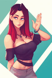 Rule 34 | 1girl, absurdres, black shirt, blue eyes, body freckles, breasts, cleavage, commentary, english commentary, freckles, hair behind ear, highres, jewelry, looking to the side, medium breasts, midriff, navel, necklace, off-shoulder shirt, off shoulder, open hand, original, raichiyo33, red hair, shirt, smirk, solo