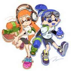 Rule 34 | 1boy, 1girl, :d, bike shorts, black shorts, blue eyes, blue hair, blue outline, blue tongue, blunt bangs, burst bomb (splatoon), colored tongue, dot nose, drop shadow, dual wielding, fangs, full body, goggles, goggles on head, hair tie, headphones, hg swdiary, highres, holding, holding weapon, ink tank (splatoon), inkling, inkling boy, inkling girl, inkling player character, layered shirt, long hair, low twintails, nintendo, open mouth, orange eyes, orange hair, orange outline, orange pupils, outline, pink footwear, pointy ears, ponytail, print shirt, purple footwear, shirt, shoes, short sleeves, shorts, single blush sticker, smile, smirk, splatoon (series), splatoon 1, splattershot (splatoon), standing, standing on one leg, tentacle hair, twintails, weapon, white shirt