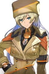 Rule 34 | 1girl, ashiomi masato, blonde hair, blue eyes, breasts, closed mouth, fingerless gloves, gloves, guilty gear, guilty gear strive, guilty gear xrd, hat, long hair, looking at viewer, millia rage, orange hat, simple background, smile, solo, white background