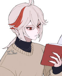 Rule 34 | 1boy, ahoge, alternate costume, black shirt, book, brown sweater, facing to the side, genshin impact, grey background, grey hair, kaedehara kazuha, long sleeves, looking at object, low ponytail, male focus, multicolored hair, nana illust, open book, parted lips, red eyes, red hair, shirt, solo, sweater, teeth, turtleneck, twitter username