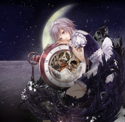 Rule 34 | 1girl, bad id, bad pixiv id, blue eyes, braid, clock, feathers, female focus, fukahire (ruinon), gears, izayoi sakuya, looking at viewer, maid, moon, oversized object, pocket watch, short hair, silver hair, solo, touhou, watch