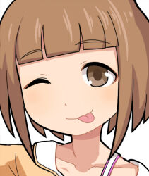 Rule 34 | 1girl, :p, blunt bangs, blush, brown eyes, brown hair, closed mouth, commentary request, hospital king, idolmaster, idolmaster cinderella girls, kitami yuzu, looking at viewer, one eye closed, profile, shirt, short hair, simple background, smile, solo, tongue, tongue out, white background, yellow shirt