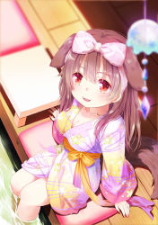 Rule 34 | 1girl, 54hao, animal ears, blurry, blurry foreground, bow, breasts, brown hair, cleavage, collarbone, depth of field, dog ears, dog girl, dog tail, floral print, from above, hair between eyes, hair bow, highres, hololive, inugami korone, japanese clothes, kimono, long hair, long sleeves, looking at viewer, looking up, medium breasts, pink bow, print kimono, purple kimono, red eyes, sitting, sleeves past wrists, soaking feet, solo, tail, virtual youtuber, water, wide sleeves, wind chime