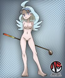 Rule 34 | 1girl, absurdres, ahoge, aqua background, aqua hair, armpits, arms behind back, artist name, bangs pinned back, barefoot, blue headwear, breasts, cleft of venus, collarbone, completely nude, creatures (company), elite four, eyebrows, eyelashes, feet, female focus, forehead, full body, game freak, golf club, gradient background, groin, highres, holding, holding golf club, kahili (pokemon), legs, long hair, looking at viewer, looking to the side, medium breasts, mole, mole under eye, navel, neck, nilterguy, nintendo, nipples, nude, nude filter, official art nude filter, pokemon, pokemon sm, purple eyes, pussy, serious, standing, thighs, third-party edit, toenails, toes, visor cap