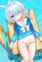 Rule 34 | 1girl, arona (blue archive), blue archive, blue eyes, blue hair, blue shirt, blush, bow, braid, chair, commentary request, desk, eyebrows hidden by hair, feet out of frame, groin, hair over one eye, hair ribbon, hairband, head tilt, inyucchi, long hair, long sleeves, looking at viewer, lying, multicolored hair, navel, no pants, nose blush, on back, on desk, panties, panty pull, pink hair, ribbon, sailor collar, school chair, school desk, shirt, single braid, solo, two-tone hair, underwear, water, white bow, white hairband, white panties, white ribbon, white sailor collar