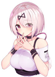 Rule 34 | 1girl, absurdres, bare shoulders, black choker, blush, breasts, choker, commentary request, cropped torso, eyes visible through hair, hair ornament, hair over one eye, hair ribbon, hairclip, hands up, highres, long hair, looking at viewer, low ponytail, medium breasts, nijisanji, off-shoulder shirt, off shoulder, parted lips, ponytail, racchi., red eyes, red ribbon, ribbon, shiina yuika, shirt, simple background, solo, steepled fingers, upper body, very long hair, virtual youtuber, white background, white shirt