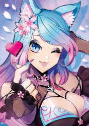 Rule 34 | 1girl, animal ear fluff, animal ears, blue eyes, blue hair, bracelet, breasts, cat ears, choker, commentary, detached sleeves, eyeshadow, fangs, finger heart, fishnets, flower, gradient hair, hair flower, hair ornament, hand to head, heart, heart choker, highres, jewelry, large breasts, long hair, looking at viewer, makeup, multicolored hair, nail polish, official alternate costume, official art, one eye closed, open mouth, petals, pink hair, puppeteer7777, purple nails, sidelocks, silvervale, silvervale (4th costume), solo, spiked bracelet, spikes, tongue, tongue out, transparent background, virtual youtuber, vshojo