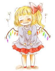 Rule 34 | 1girl, aged down, alternate costume, blonde hair, bloomers, bow, child, closed eyes, crying, female focus, flandre scarlet, hair bow, kindergarten uniform, long sleeves, maru usagi, shirt, side ponytail, simple background, skirt, solo, sweater, tears, touhou, translated, trembling, underwear, uu~, wavy mouth, white background, wings