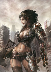 Rule 34 | 1girl, 2016, armor, badge, belt, belt buckle, billboard, black hair, blue eyes, breast tattoo, breasts, brown gloves, brown shorts, brown thighhighs, buckle, building, chest tattoo, cleavage, collarbone, cowboy shot, cropped jacket, dated, debris, dress, dual wielding, earrings, eyelashes, garter straps, gauntlets, gloves, gluteal fold, goggles, goggles on head, gun, highleg, highleg panties, highres, holding, holding gun, holding sword, holding weapon, jacket, jay b lee, jewelry, large breasts, leather, leather jacket, legs apart, lips, lipstick, machine gun, makeup, midriff, navel, navel piercing, necklace, nose, original, panties, pauldrons, piercing, scabbard, sheath, sheathed, shiny skin, short shorts, shorts, shoulder armor, signature, skindentation, skyscraper, solo, stomach tattoo, stud earrings, submachine gun, sword, tattoo, thighhighs, toy block, underwear, weapon