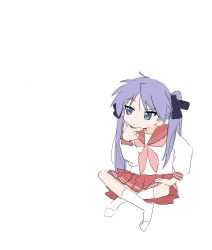 highres hiiragi_kagami pipopainmyhouse purple_hair sailor_collar skirt socks thinking white_background white_socks