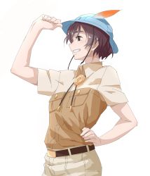 Rule 34 | 1boy, belt, blue hat, breast pocket, brown eyes, brown hair, captain (kemono friends), commentary, cowboy shot, from side, grin, hand on headwear, hand on own hip, hat, hat feather, highres, japari symbol, kemono friends, looking away, male focus, pocket, profile, shirt, short sleeves, simple background, smile, solo, tanabe (fueisei), white background, wing collar