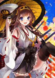 Rule 34 | 10s, 1girl, ahoge, blue eyes, boots, brown hair, detached sleeves, double bun, hair ornament, hairband, hat, unworn hat, headgear, unworn headwear, japanese clothes, kantai collection, kongou (kancolle), long hair, musou yuchi, nontraditional miko, oil-paper umbrella, personification, pleated skirt, skirt, smile, solo, thigh boots, thighhighs, umbrella, zettai ryouiki
