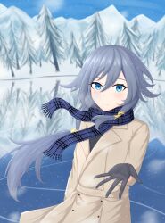 Rule 34 | 1girl, absurdres, black gloves, blue eyes, blue hair, blue scarf, blue sky, brown coat, coat, fu hua, gloves, grey hair, hair between eyes, highres, honkai (series), honkai impact 3rd, light smile, long hair, long sleeves, looking at viewer, mountain, nights viper, official alternate costume, reflection, reflective water, river, scarf, sky, snowing, solo, tree, trench coat