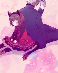 Rule 34 | 1boy, 1girl, a (shiei no sona-nyl), animal ears, back-to-back, boots, brown hair, cat ears, cat tail, copyright name, creature, dark skin, dated, dress, closed eyes, heart, lily (shiei no sona-nyl), pantyhose, red dress, shiei no sona-nyl, short hair, sitting, steampunk (liarsoft), tail, tsuyuka (sunny spot), twitter username, white hair