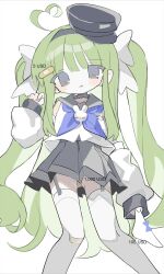 Rule 34 | 1girl, ahoge, bandaid, bandaid hair ornament, bandaid on clothes, bandaid on knee, bandaid on leg, bandaid on pussy, blue neckerchief, bow, bow panties, closed mouth, daizu (melon-lemon), detached sleeves, feet out of frame, garter straps, green hair, grey hairband, grey headwear, grey sailor collar, grey skirt, hair ornament, hairband, hand up, hat, heart, heart ahoge, highres, holding, holding clothes, holding panties, holding underwear, licking lips, long hair, long sleeves, looking at viewer, mini hat, miniskirt, neckerchief, no panties, original, panties, peaked cap, pleated skirt, price tag, rabbit ornament, sailor collar, sailor shirt, school uniform, serafuku, shirt, sidelocks, simple background, skirt, sleeveless, sleeveless shirt, sleeves past wrists, solo, thighhighs, tongue, tongue out, two side up, underwear, unworn panties, very long hair, white background, white panties, white shirt, white thighhighs