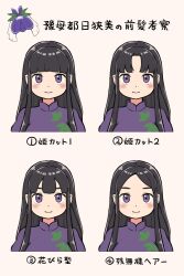 Rule 34 | 1girl, black hair, blush, center-flap bangs, china dress, chinese clothes, closed mouth, dress, highres, hime cut, itatatata, long hair, multiple views, parted bangs, purple dress, purple eyes, short sleeves, sidelocks, simple background, touhou, translation request, vine print, white background, yomotsu hisami