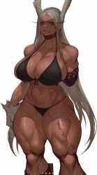 Rule 34 | 1girl, absurdres, amputee, animal ears, arm strap, artist name, bare shoulders, bikini, black bikini, boku no hero academia, breasts, cleavage, curvy, dark-skinned female, dark skin, front-tie top, frown, gloves, highres, huge breasts, ibuo (ibukht1015), long hair, looking at viewer, mirko, muscular, muscular female, navel, parted bangs, rabbit ears, rabbit girl, red eyes, scar, scar on leg, skindentation, solo, stomach, sweat, swimsuit, thick thighs, thighs, tourniquet, very long hair, white background, white gloves, white hair