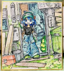 Rule 34 | 1girl, backpack, bag, black shirt, blue eyes, blue hair, blue pants, bow, bowtie, box, bucket, cargo pants, clothes around waist, day, doggo 1d34, doorway, full body, gloves, green footwear, green gloves, green hat, grin, hair bobbles, hair ornament, hat, hatching (texture), highres, jacket, jacket around waist, kawashiro nitori, looking at viewer, open door, outdoors, pants, shikishi, shirt, shoes, short sleeves, sign, signature, smile, solo, standing, t-shirt, touhou, traditional bowtie, traditional media, two side up, unworn backpack, unworn bag