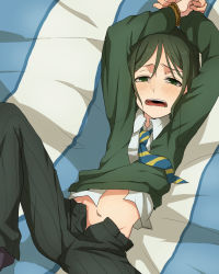 Rule 34 | 1boy, bdsm, black hair, blush, bob cut, bondage, bound, fate/stay night, fate/zero, fate (series), green eyes, gutn, highres, lying, male focus, navel, on bed, open clothes, open mouth, rope, short hair, solo, sweat, waver velvet